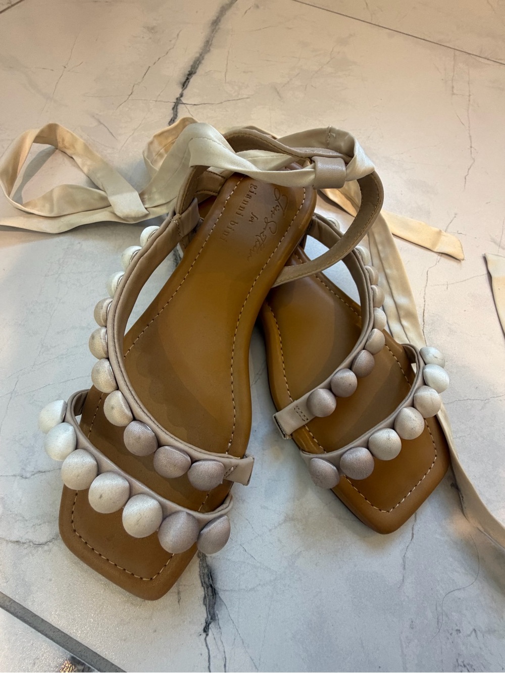 Gianni Bini Cream Beaded Tie-Up Sandals